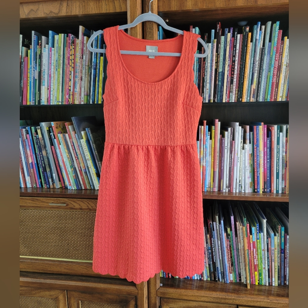Maeve Anthropologie Quilted Scallop Coral Caye Lace Orange Dress Pockets, M